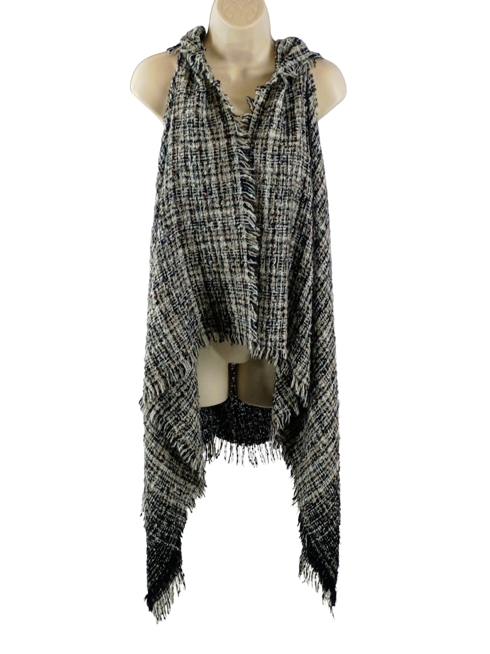 Fringed Knit Open Front Sweater Vest- Black & White With Assymetrical Hem